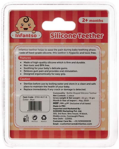 Image of Infantso Non-Toxic Food-Grade Silicone Baby Teether, BPA-Free for Pain-Relief Easy Teething, for 2+ Months Babies (Blue Bottle)