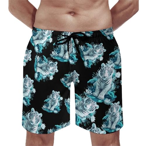Cute White Tiger Men's Swim Trunks Quick Dry Beach Shorts Board Shorts Bathing Suits with Pockets