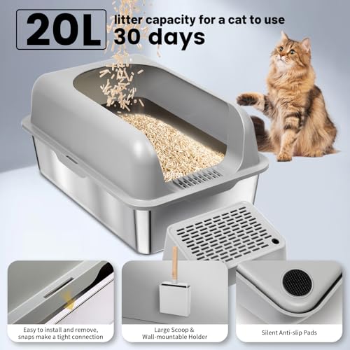 Enclosed Stainless Steel Cat Litter Box with Scroop&High Wall - Extra Large Metal Litter Box Stainless Steel for Big Cats,Non-Sticky, Anti-Leakage (Gray)