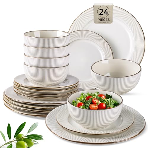 Image of GBHOME Ceramic Dinnerware Sets, 24 pcs Embossed Elegant Stoneware Plates and Bowls Sets, Housewarming Wedding Gift | Dishwasher & Microwave Safe | Dishes Set Service for 8