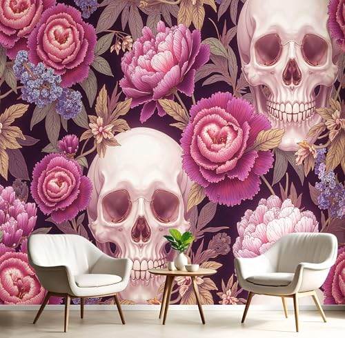 JEDTAKCT Papier Peint Panoramique Crâne De Pivoine, Papier Peint Prune Motif Esthétique Gothique, Tapisserie Panoramique Salon Canapé Fond, Décoration...
