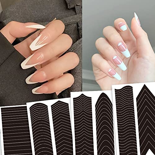 6 Pcs French Manicure Edge Auxiliary Nail Sticker- Wavy Line 3D Self -Adhesive Diy Template Nail Art Accessories For Designer Nail Decoration ,French Tip V-Shaped Stencils Fringe Nail Art Decals Tools #TOP14