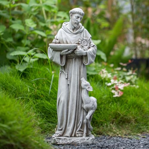 Grace4Joy St Francis of Assisi Statue Outdoor 22.5 Inches St Francis Bird Bath Sculpture Hand Painted St. Francis with Animals Garden Statue for Home Yard Patio Lawn Hallway Decor (Stone)