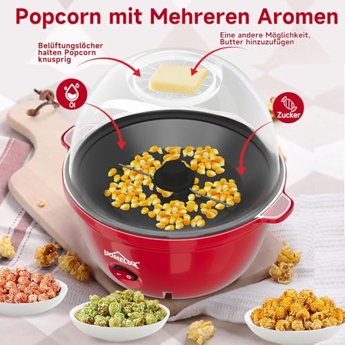 HOMELUX Popcornmaschine Popcorn Maker 450W Mini Popcorn Maschine mit Messlöffel Antihaftbeschichtung Snack Popcorn Popper für Zuhause Party Kinder, Deckel als Servierschale, Stille & Schnelle Rot