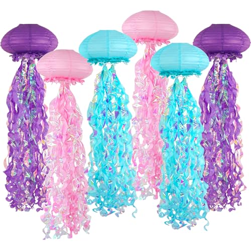 Ycitusi Jellyfish Paper Lanterns, Under The Sea Party Decorations, 6pcs Hanging Jelly Fish for Mermaid Ocean Themed Birthday Party Decorations (Purple Pink Blue)