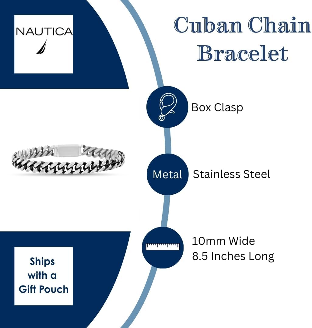 Nautica Stainless Steel Bracelet for Men 10mm Wide Cuban Link Chain 8.5 Inches Long Box Clasp - Image 4