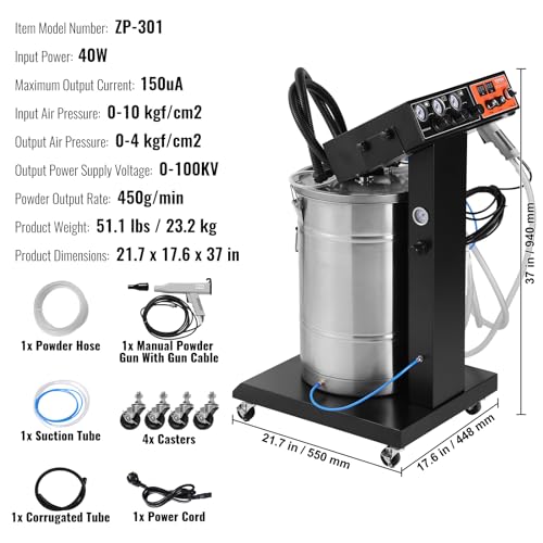 Image of VEVOR Powder Coating System - 40W 100KV Electrostatic Output Kit with 50L Powder Hopper, 450g /Min Spray Gun & Trolley Base, Indoor /Outdoor