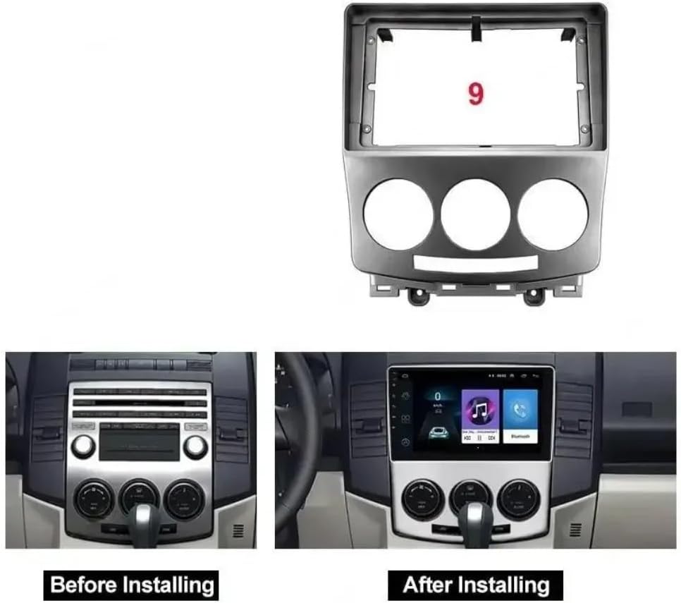 Comparison image showing a car dashboard before and after installing the 9-inch Android radio with the new fascia adapter. The 'Before Installing' image shows the original factory radio and climate controls. The 'After Installing' image shows a modern 9-inch touchscreen Android radio seamlessly integrated into the dashboard, replacing the old unit.