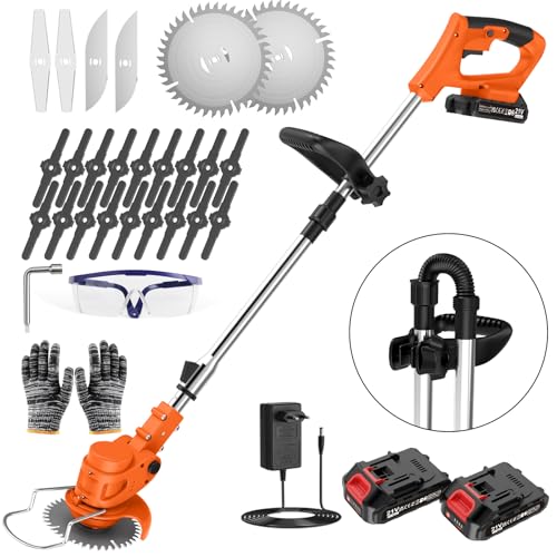 Coupe Bordure sans Fil avec Batterie Pliable 60cm, Debroussailleuse Electrique 2 Batterie 21V, Manche Télescopique 105-130cm et 26...