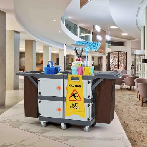 Image of Commercial Janitorial Cart with 4 Cabinet, Cleaning Cart with Wheels and Large Capacity Vinyl Bag, Housekeeping Carts