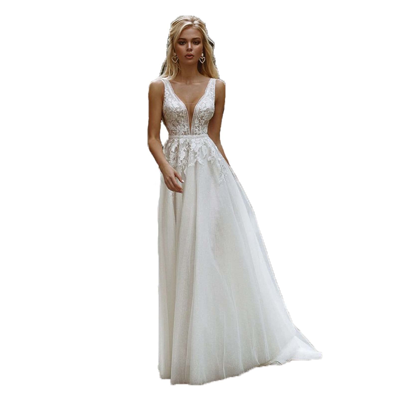 Boda Doble V Cuello Vestido de Novia Flores Decoradas Vestido de Novia Ropa de Dama de Honor de Playa, Blanco, 16