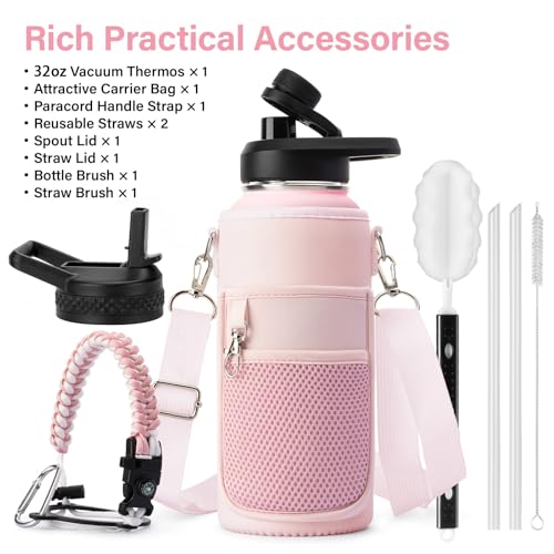 Insulated Water Bottle | Thickened Stainless Steel Vacuum Metal | Portable Sports Water Jug for Gym and Hiking with Straw, Carrier Bag, Handle Strap | BPA-Free 32 oz, Pink