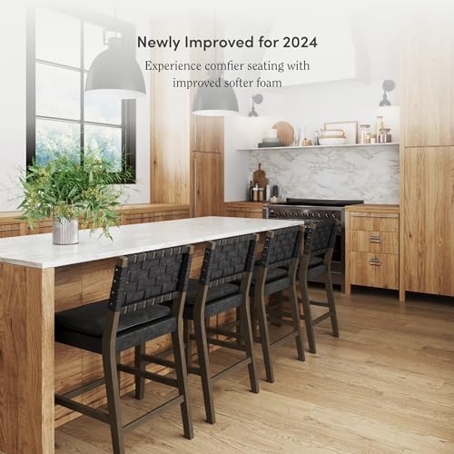 Image of Nathan James Cohen Mid-Century Modern Suede Bar Stool, Counter Height Chair in Solid Wood Frame with Footrest and Woven Suede Back for Kitchen, Black
