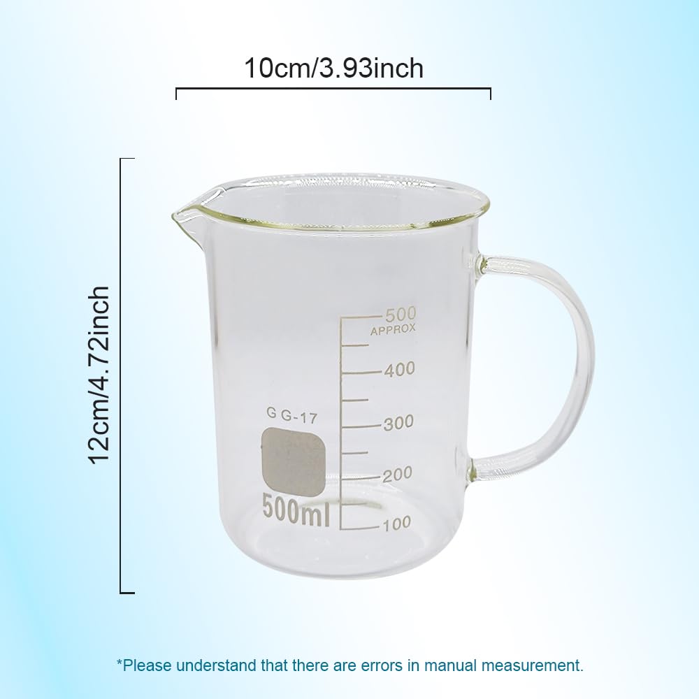 1 becher da laboratorio in vetro borosilicato da 50 ml, 100 ml, 250 ml, 500 ml, 1000 ml con manico, per misurare la bilancia e le attrezzature da laboratorio (500 ml)