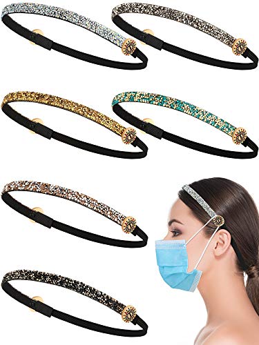 Waydress 6 Pieces Headbands with Buttons, Skinny Glitter Headband Non-slip Elastic Hair Band Button Headband Ear Protection Holder for Sports Yoga Workout (Classic Pattern)