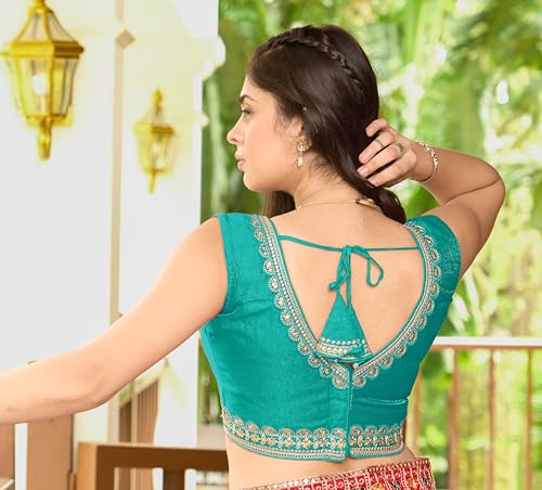 Image of Pujia Mills Women's Sequin Embroidered V Neck Sleeveless Readymade Saree Blouse Indian Ethnic Designer Stitched Readymade Saree Blouse Sleeveless Blouse Readymade Blouse for Women