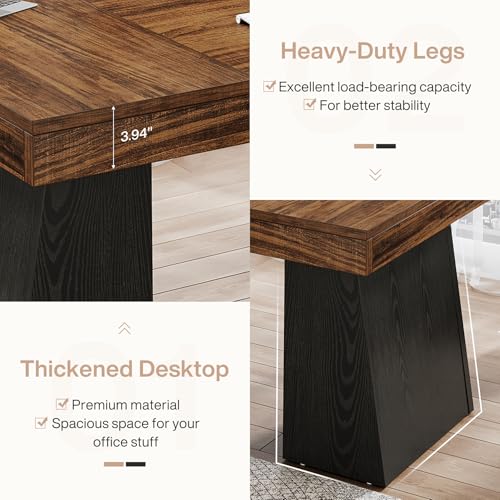 Image of Tribesigns 55-Inch Executive Desk, Large Wood Office Computer Desk with Double Pedestal, Modern Minimalist Workstations Writing Table Conference Table Furniture for Home Office, Walnut&Black
