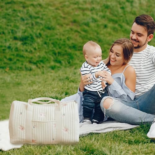 Quilted Duffle Bag 19x9x11 Inch Soft Cotton Portable Baby Travel Bag with Handle & Adjustable Strap Cute Floral Rabbit Baby Supplies for Women Walking Shopping Picnics4