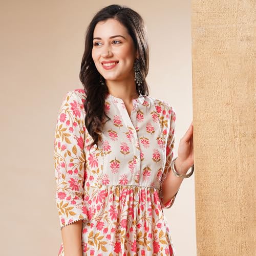 Image of Globus Women Ivory Floral Print A-Line Kurta Set With Trouser-3638388001