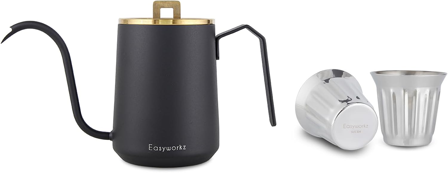 Easyworkz Gooseneck Pour Over Coffee Kettle 20 oz Stainless Steel Hand Drip Coffee Pot, Brass Gold Black, Bundled with Double-Wall Espresso Cups 5 oz Set of 2, Vertical Stripe Design, Chrome