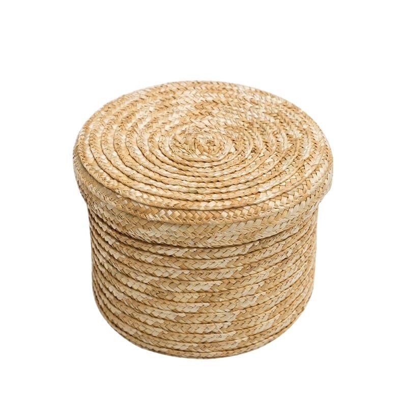 Wäschekorb Gras Handgewebter Aufbewahrungskorb mit Deckel Weben Snack Kleinigkeiten Kosmetik Aufbewahrungsbox Haushaltsaufbewahrung(B 18CM)