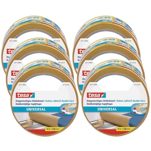 tesa Doppelseitiges Klebeband Universal im 6er Pack - Vielseitiges Klebeband für Verpackungen, Deko und Teppiche oder zum Basteln - 6 Rollen je 10 m