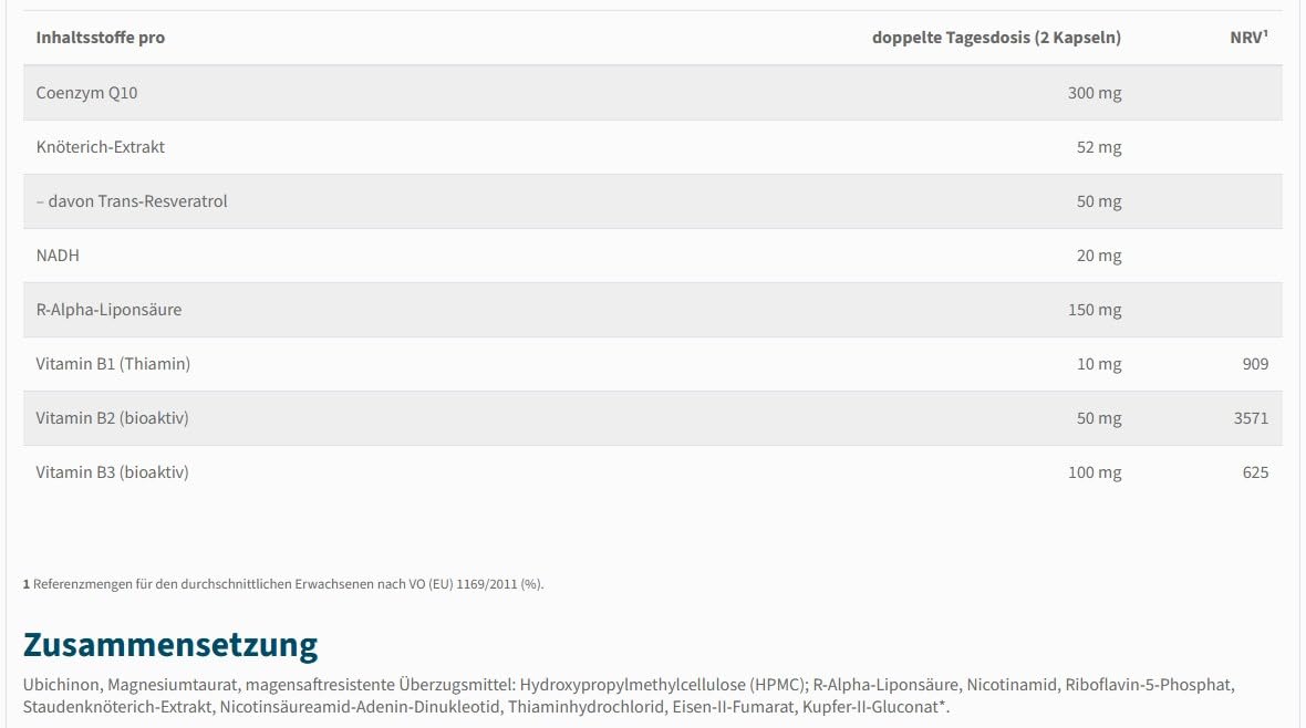 NatuGena ZellEnergie + NADH & Coenzym Q10, bioaktive Vitamine tragen zu einem normalen Energiestoffwechsel bei, 60 Kapseln (1 Monats Packung)