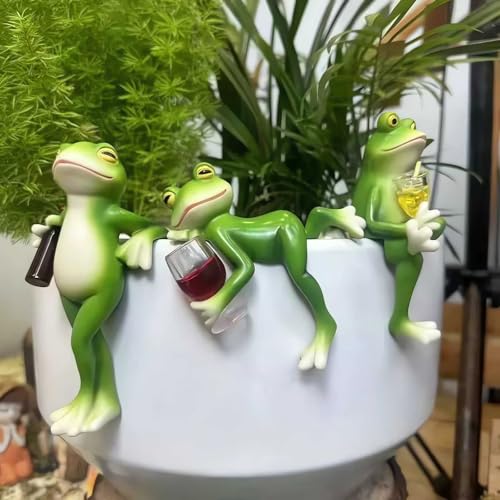 Set of 3 Tipsy Frog Figurines Plant Hangers Decorations for Pots, Miniature Frog Statue Outdoor Women Gifts Frog Garden Decor Planter Pot Hugger for Flower,Yard,Lawn Ornament