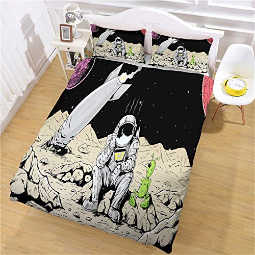 UDUVOG Housse De Couette 140X200Cm Fusée Astronaute Planète Dessin Animé - 2 Taie D'Oreiller 65X65Cm Avec Fermeture Éclair 3 Pièces Parure De Lit En 100% Microfibre Ensemble De Literie Pour Enfant Adu Cover