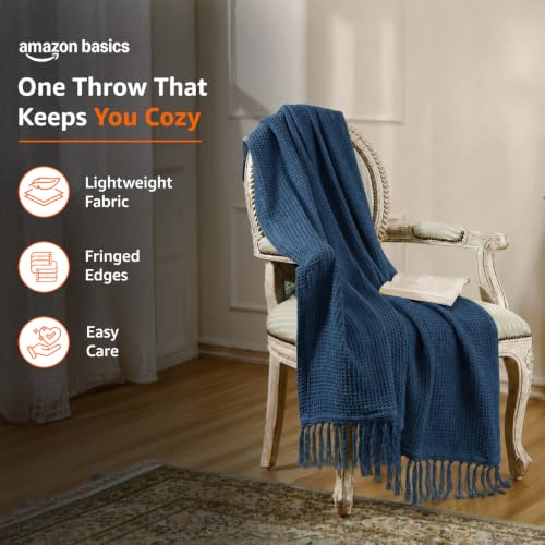 Image of Amazon Basics Waffle Throw Blanket | Knit & Chevron Pattern with Fringes | Aesthetic Decorative Couch Throw for Living Room, Sofa, Bed and Chair | 152x125 cms | 100% Cotton Throw | Blue