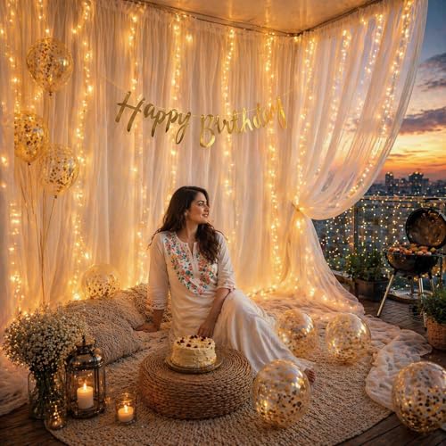 Image of Just Party Happy Birthday Decoration Kit - 21 Pcs with Balloons for Birthday Decoration, Net Curtain for Backdrop & Fairy Lights | Happy Birthday Banner & Decoration Kit