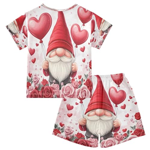 ALAZA Gnomes Rose Flower Balloon Valentines Pajamas Set Short Sleeve Cotton Sleepwear Summer Pjs 2 Piece 5-14Y2