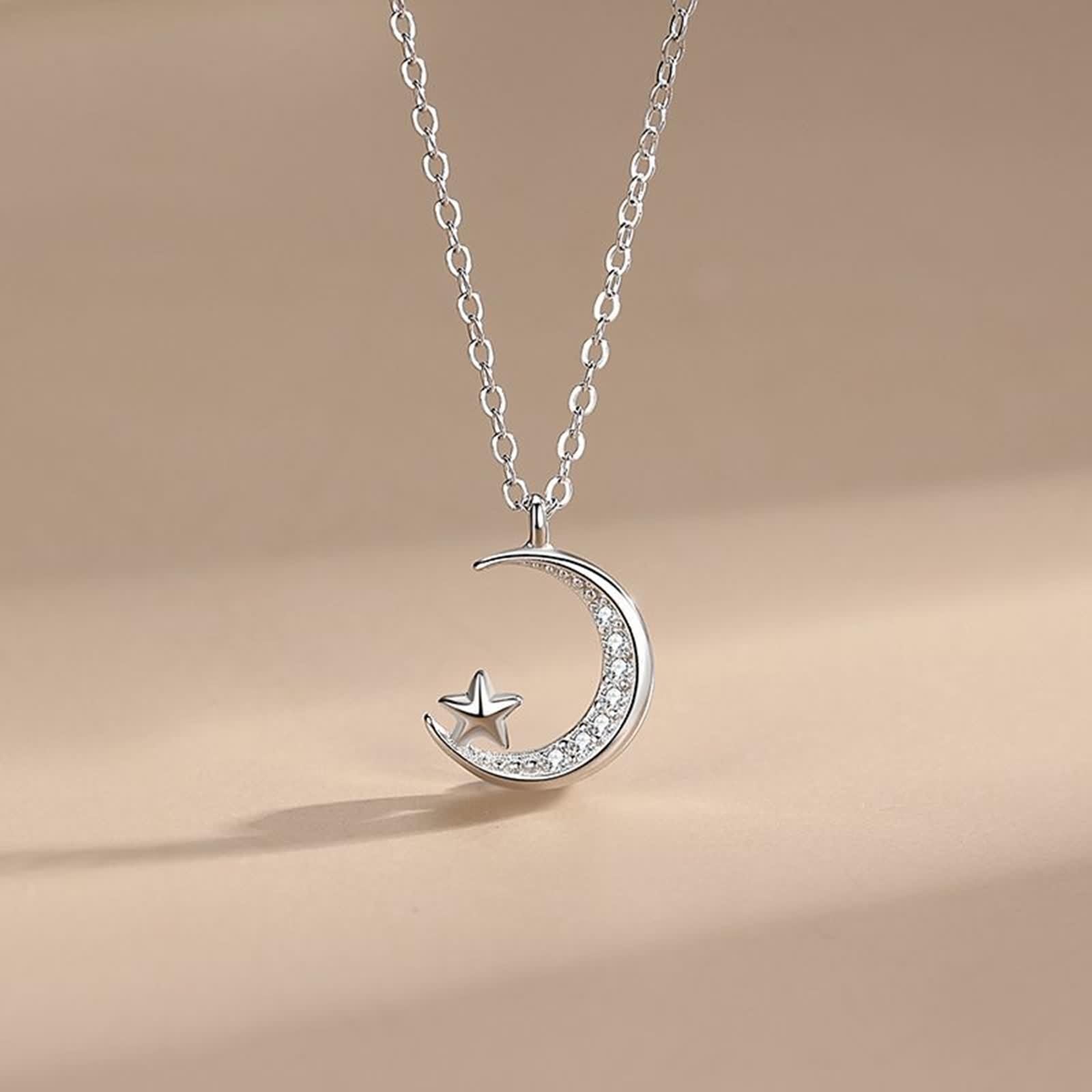Moissanite Collana, Collana Donna Lunga Vintage Ciondolo Catenina Gioielli Oro Bianco 9K/14K/18K Stella Luna 40+5cm