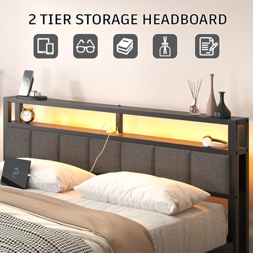 Image of E-Motie King Size Bed Frame with LED Lights and Charging Station, Wood Storage Headboard with 2-Tier Shelves, Heavy Duty Metal Slats, No Box Spring Need, Noise Free, Easy Assembly, Light Grey