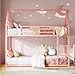 LIKIMIO Bunk Bed Twin XL Over Twin XL, Metal Bunk Bed Frame with Ladder and Guardrail, House Shaped with Metal Slats for Dormitory and Bedroom, Space Saving, No Box Spring Needed, Pink