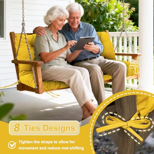 Image of Porch Swing Cushions Outdoor 48 inch x 40 Waterproof Swing Cushions 3 Seater Replacement with Backrest & 8 Ties 5 inch Thick Bench Swing Cushions for Outdoor Furniture Patio(Yellow)