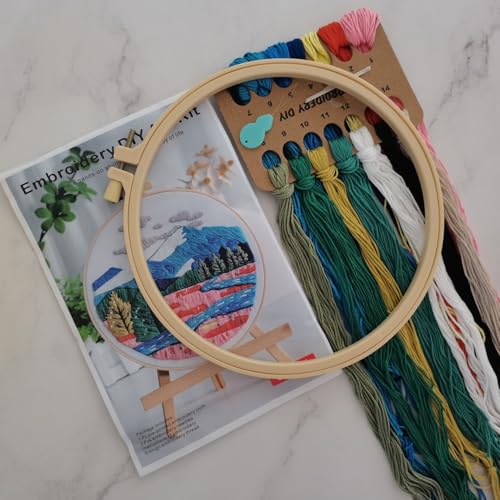 Image of Esffaci Embroidery Starter Kit for Adult Beginner with Mountain Landscape Tree Flower Scenery Pattern Hand Embroidery Set with Embroidery Cloth Floss Hoop Needle Threader and Instruction