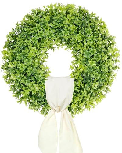 Image of DDHS 23 inch Boxwood Wreaths Front Door, Artificial Spring Summer Wreath with Sash and Foldable, Green Year Round Indoor Outdoor for Farmhouse Fireplaces and Porches DIY St Patricks Day Decorations