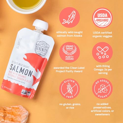 Image of Serenity Kids 6+ Months Baby Food Pouches Puree Made With Ethically Sourced Meats & Organic Veggies | 3.5 Ounce BPA-Free Pouch | Wild Caught Salmon, Butternut Squash, Beet | 1 Count (Pack of 3)