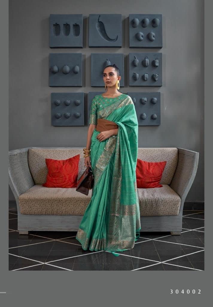 Blusa sari de seda tejida con textura de mujer india 7345 (verde)