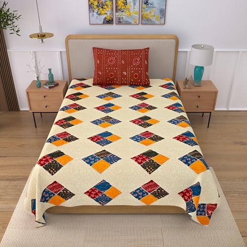 Image of 100% Cotton Single Bedsheet with 1 Pillow Cover | 240 TC Pure Cotton Flat Bed Sheet | Traditional Jaipuri Printed Bedding Set | Soft & Breathable | 60 x 90 Inch (Rangmahal Single 71)