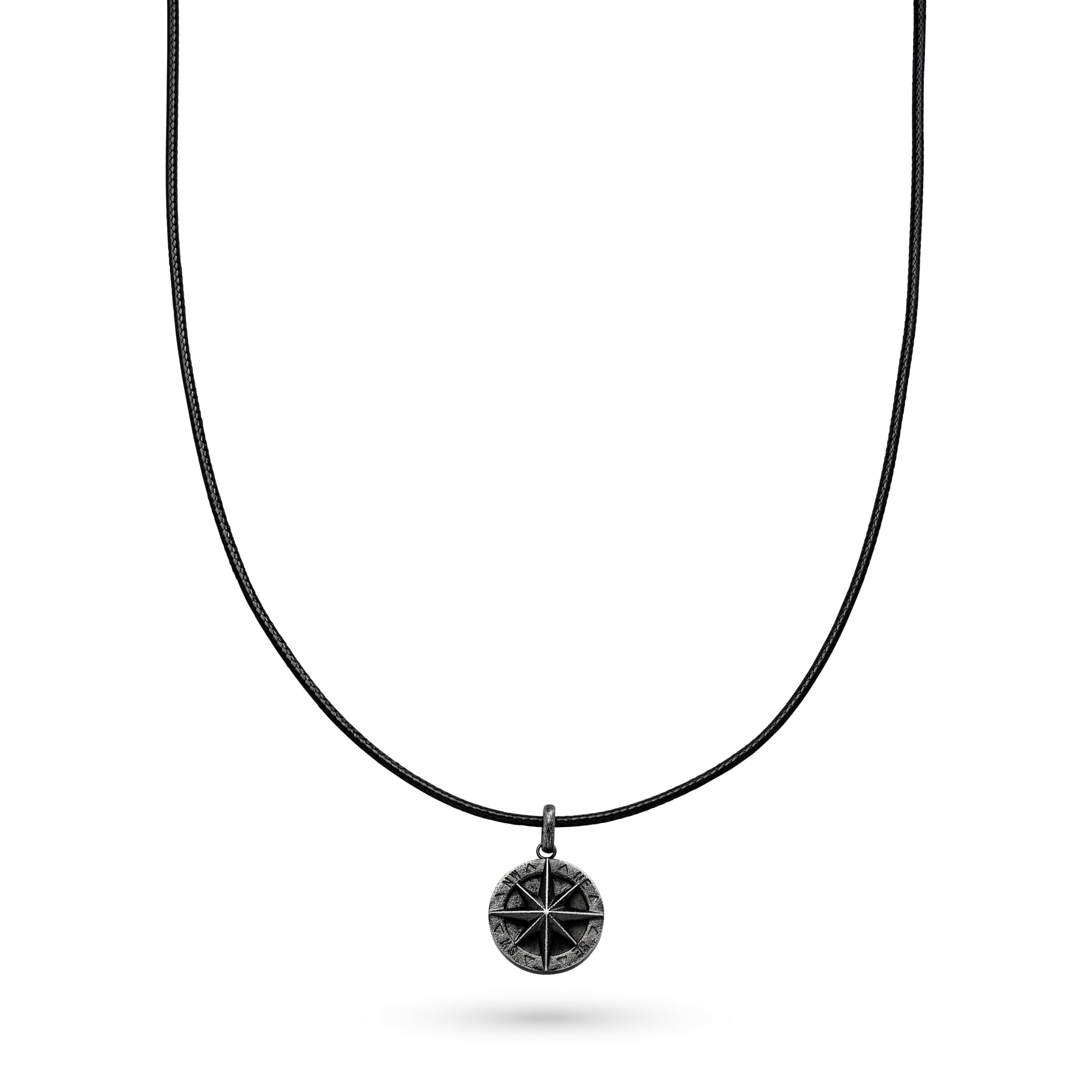 s.Oliver Men's Necklace - Real Leather Necklace with Compass Pendant - IP Gun - Leather Cord Adjustable up to 55 cm - Waterproof and Skin-Friendly