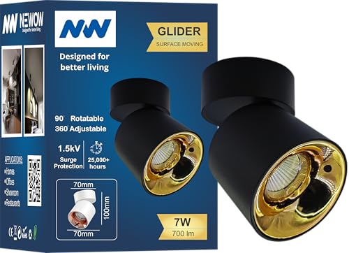 Image of NW 7W Glider SF Moveable Black With Gold Aluminium 360 Degree Adjustable Cylindrical Shape LED Surface Light | COB Light | Wall Light | Down Light | Spot Light | Light Color- Natural White (Pack of 1)