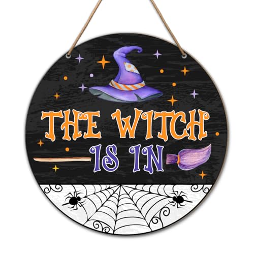 Happy Halloween Sign Decor for Front Door, Halloween Welcome Decor for House Home Porch Door Sign, Happy Halloween Witch Decoration, The Witch Is in