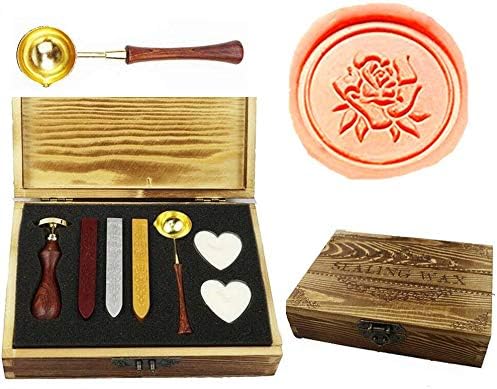 Vintage Romance Rose Sealing Wax Seal Stamp Kit Melting Spoon Wax Stick Candle Wooden Book Gift Box Set Wedding Invitation Embellishment Holiday Card Gift Wrap Package Gift Idea Seal Stamp Set