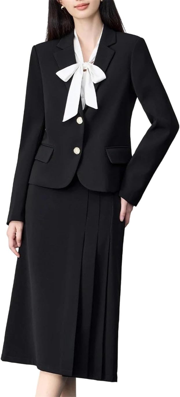 Women's Notched Collar Long Sleeve Single Breasted Coat and Knee Length Skirt Two Piece Set Professional Work Clothing