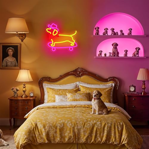 Image of Dachshund Dog Neon Sign for Wall Decor,Dimmable Skateboard Dog with Cowboy Hat Neon Light,Yellow Pink Puppy Light Up Signs for Pet Shop Bedroom Party Bar Background Christmas Decorations