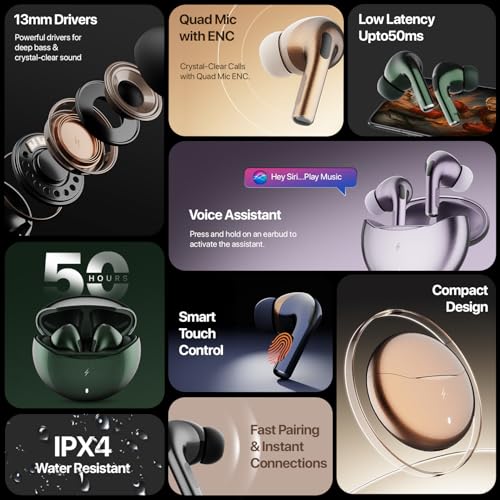 Image of Fire-Boltt Aero TWS Earbuds Custom EQ, Wireless Bluetooth 5.4, Music & App Support, 50H Playtime, Fast Charging Case, 50ms Low Latency for Gaming, Touch Controls, IPX4 Waterproof, Clear Calls - Black