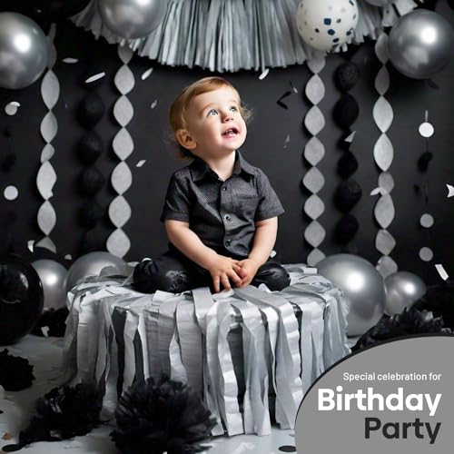 Image of 6 Silver Black Crepe Paper Streamers, 492ft Pack of Party Decorations | Each roll is 82 ft long and 1.8 Inch wide ideal for Birthday Party Decor, Wedding Decorations and Educational Ceremony