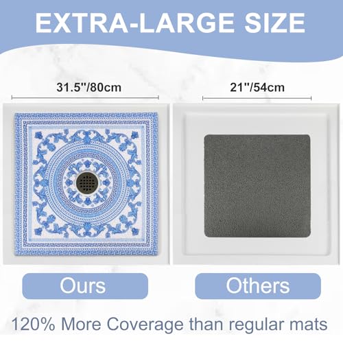 Image of Square Shower Mat Non Slip: 32x32 Inch Extra Large Shower Mats with Drain Hole in Middle -Anti Slip Shower Mats for Inside Shower -Loofah Shower Floor Mat Bath Mat for Shower Stall Bathtub Elderly